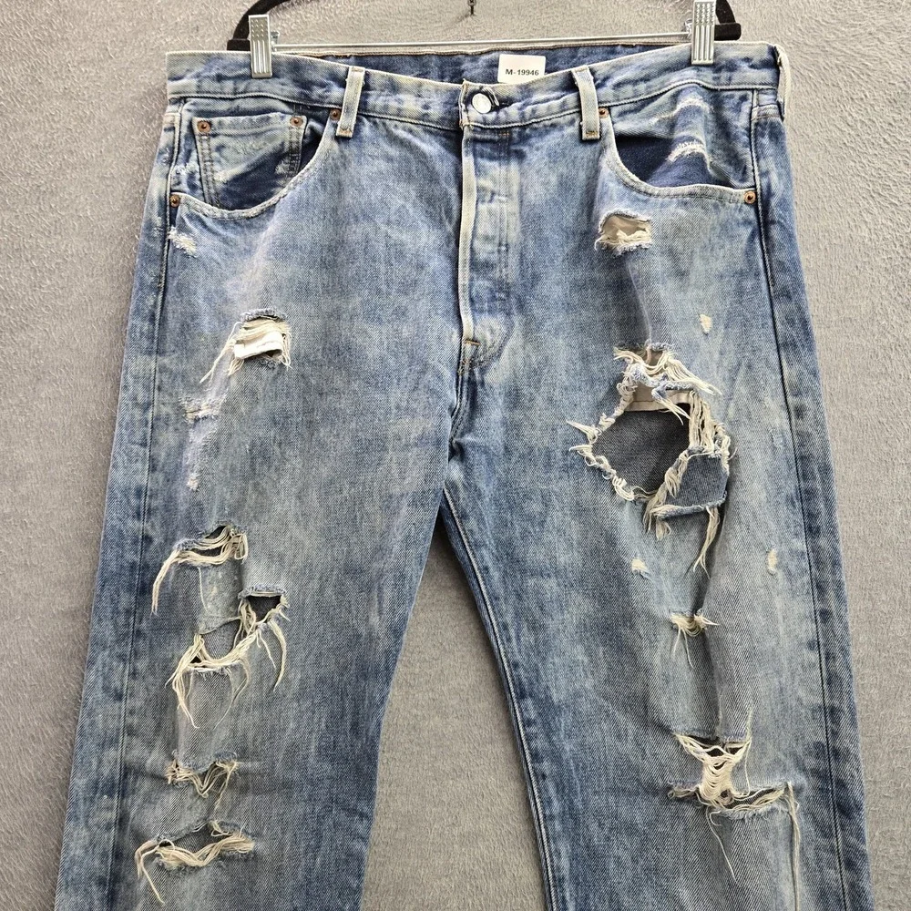 Levi's 501 Men Jeans 38X34 Light Blue Denim Original Fit Straight Leg Distressed